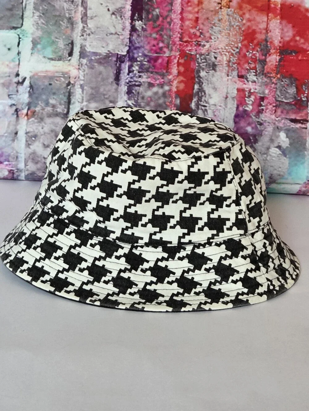 Ed Hardy Black & White Houndstooth Bucket Hat with Skull Patch